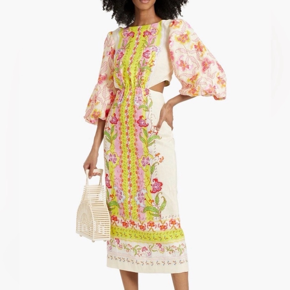 NWT Saloni Neelam Aphrodite Borders Printed Linen Cut Out Dress size US 8